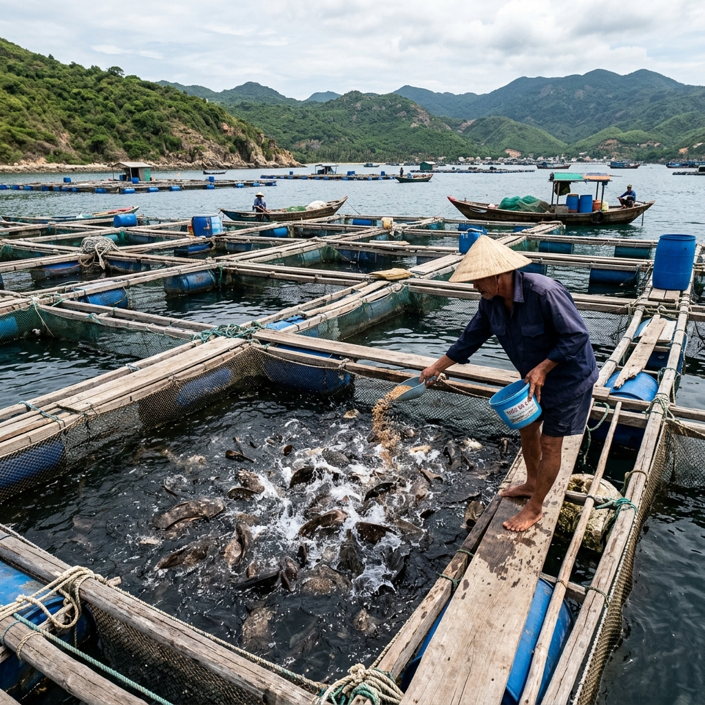 Nông dân đang cho cá mú ăn tại lồng bè trên biển