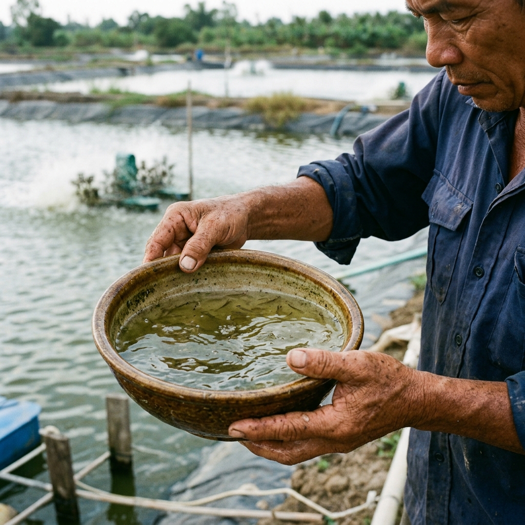 Nông dân đang cầm bát nước ao lên quan sát tôm và màu nước